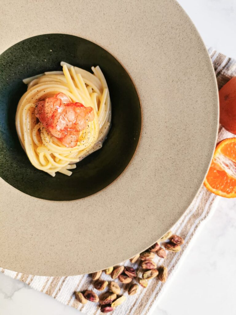 Cacio e pepe con gambero rosso